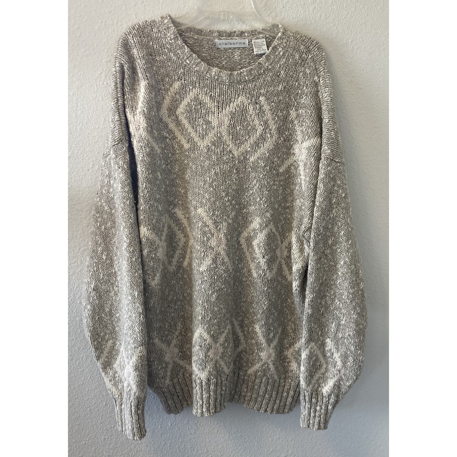 Vintage 80s Mens Grandpa Sweater Size L Wool Blend Geometric Beige Cottage
